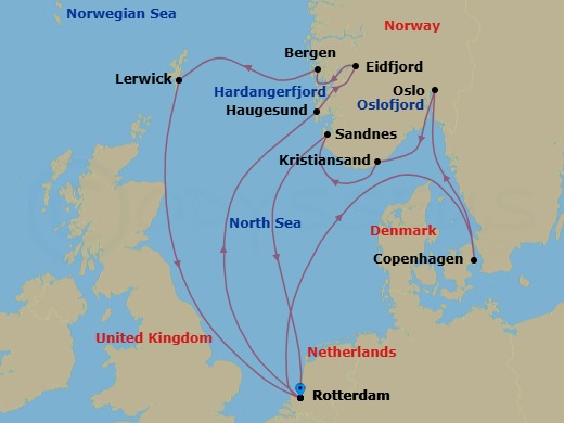 14 Night - Norwegian Fjords with Scotland & Copenhagen - Rotterdam - Starting in Rotterdam, the Netherlands, Haugesund, Norway, Eidfjord, Norway, Scenic cruising Hardangerfjord, Bergen, Norway, Lerwick, Shetland Islands, United Kingdom, Rotterdam, the Netherlands, Copenhagen, Denmark, Scenic cruising Oslofjord, Oslo, Norway, Kristiansand, Norway, Sandnes (Stavanger), Norway, Rotterdam, the Netherlands itinerary map