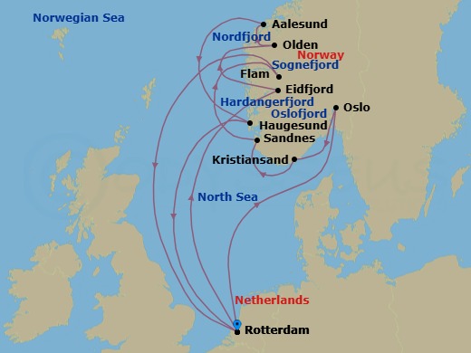 14 Night - Unesco World Heritage Fjords : Flam with Storfjord - Rotterdam - Starting in Rotterdam, the Netherlands, Eidfjord, Norway, Scenic cruising Hardangerfjord, Olden, Norway, Scenic Cruising Nordfjord, Alesund, Norway, Haugesund, Norway, Rotterdam, the Netherlands, Scenic cruising Oslofjord, Oslo, Norway, Kristiansand, Norway, Sandnes (Stavanger), Norway, Scenic cruising Sognefjord, Flam, Norway, Rotterdam, the Netherlands itinerary map