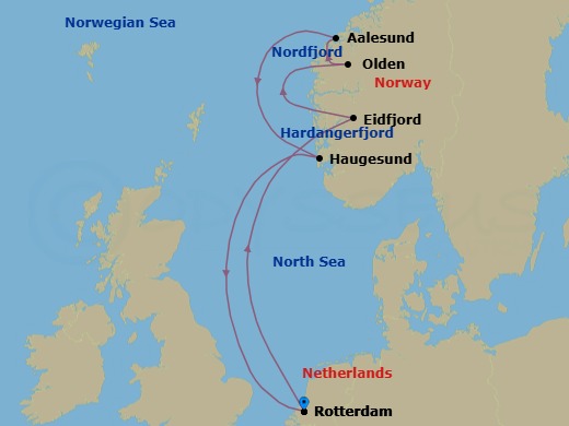 7 Night - Norwegian Fjords & Nordfjord - Rotterdam - Starting in Rotterdam, the Netherlands, Eidfjord, Norway, Scenic cruising Hardangerfjord, Olden, Norway, Scenic Cruising Nordfjord, Alesund, Norway, Haugesund, Norway, Rotterdam, the Netherlands itinerary map