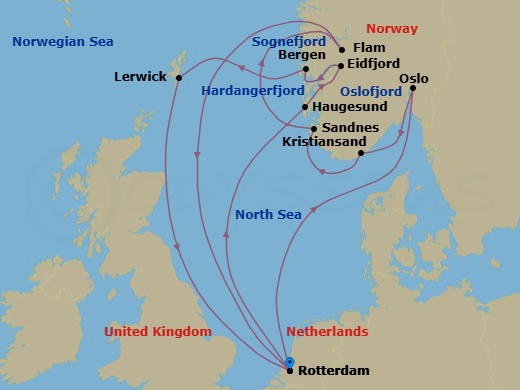 14 Night - Unesco World Heritage Fjords : Flam & Shetland Islands - Rotterdam - Starting in Rotterdam, the Netherlands, Scenic cruising Oslofjord, Oslo, Norway, Kristiansand, Norway, Sandnes (Stavanger), Norway, Scenic cruising Sognefjord, Flam, Norway, Rotterdam, the Netherlands, Haugesund, Norway, Eidfjord, Norway, Scenic cruising Hardangerfjord, Bergen, Norway, Lerwick, Shetland Islands, United Kingdom, Rotterdam, the Netherlands itinerary map