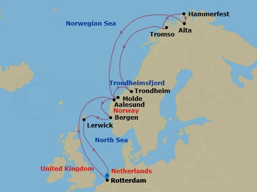 14 Night - Arctic Circle & Northern Lights - Rotterdam - Starting in Rotterdam, the Netherlands, Alesund, Norway, Trondheim, Norway, Scenic Cruising Trondheimsfjord, Crossing the Arctic Circle, Tromso, Norway, Hammerfest, Norway, Alta, Norway, Crossing the Arctic Circle, Molde, Norway, Bergen, Norway, Lerwick, Shetland Islands, United Kingdom, Rotterdam, the Netherlands itinerary map