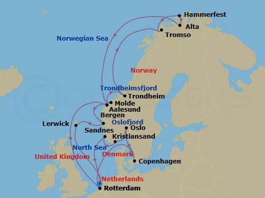 21 Night - Norwegian Fjords, Arctic Circle & Northern Lights - Rotterdam - Starting in Rotterdam, the Netherlands, Copenhagen, Denmark, Scenic cruising Oslofjord, Oslo, Norway, Kristiansand, Norway, Sandnes (Stavanger), Norway, Rotterdam, the Netherlands, Alesund, Norway, Trondheim, Norway, Scenic Cruising Trondheimsfjord, Crossing the Arctic Circle, Tromso, Norway, Hammerfest, Norway, Alta, Norway, Crossing the Arctic Circle, Molde, Norway, Bergen, Norway, Lerwick, Shetland Islands, United Kingdom, Rotterdam, the Netherlands itinerary map