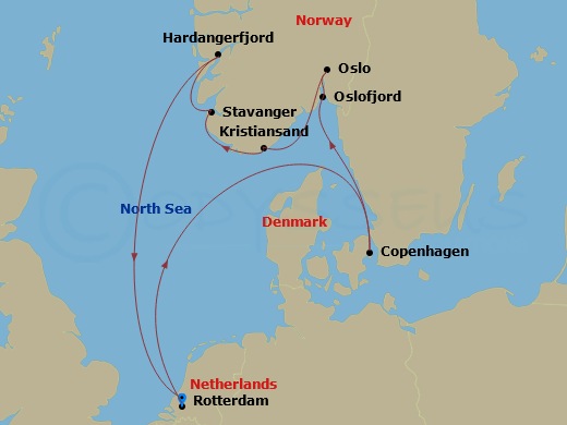 7 Night - Norwegian Fjords & Copenhagen - Rotterdam - Starting in Rotterdam, the Netherlands, Copenhagen, Denmark, Scenic cruising Oslofjord, Oslo, Norway, Kristiansand, Norway, Sandnes (Stavanger), Norway, Rotterdam, the Netherlands itinerary map