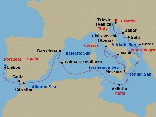 18 Night - Around Italy's Boot : Spain, Croatia & Malta Overnight - Rotterdam - Starting in Lisbon, Portugal, Cadiz (Seville), Spain, Gibraltar, Barcelona, Spain, Palma De Mallorca, Spain, Valletta, Malta, Messina, Italy, Naples (Pompeii / Amalfi), Italy, Civitavecchia (Rome), Italy, Naples (Pompeii / Amalfi), Italy, Messina, Italy, Kotor, Montenegro, Split, Croatia, Zadar, Croatia, Trieste (Venice), Italy itinerary map