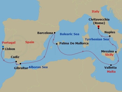 11 Night - Western Mediterranean : Spain, Italy & Malta Overnight - Rotterdam - Starting in Lisbon, Portugal, Cadiz (Seville), Spain, Gibraltar, Barcelona, Spain, Palma De Mallorca, Spain, Valletta, Malta, Messina, Italy, Naples (Pompeii / Amalfi), Italy, Civitavecchia (Rome), Italy itinerary map