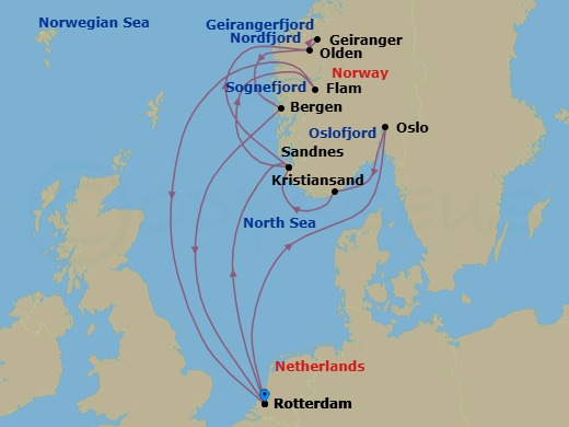 14 Night - Unesco World Heritage Fjords : Geirangerfjord & Flam - Rotterdam - Starting in Rotterdam, the Netherlands, Sandnes (Stavanger), Norway, Olden, Norway, Scenic Cruising Nordfjord, Geiranger, Norway, Cruising Geirangerfjord, Bergen, Norway, Rotterdam, the Netherlands, Scenic cruising Oslofjord, Oslo, Norway, Kristiansand, Norway, Sandnes (Stavanger), Norway, Scenic cruising Sognefjord, Flam, Norway, Rotterdam, the Netherlands itinerary map