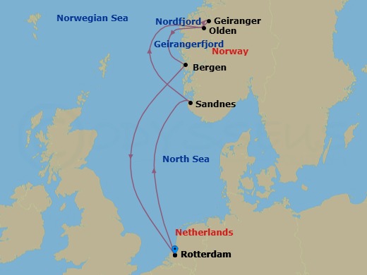 7 Night - Unesco World Heritage Fjords of Norway - Rotterdam - Starting in Rotterdam, the Netherlands, Sandnes (Stavanger), Norway, Olden, Norway, Scenic Cruising Nordfjord, Geiranger, Norway, Cruising Geirangerfjord, Bergen, Norway, Rotterdam, the Netherlands itinerary map