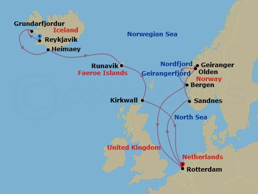 14 Night - Viking & Celtic Origins : Unesco World Heritage Fjords - Rotterdam - Starting in Reykjavik, Iceland, Grundarfjordur, Iceland, Heimaey, Westman Islands, Iceland, Runavik, Faroe Islands, Kirkwall, Scotland, United Kingdom, Rotterdam, the Netherlands, Sandnes (Stavanger), Norway, Olden, Norway, Scenic Cruising Nordfjord, Geiranger, Norway, Cruising Geirangerfjord, Bergen, Norway, Rotterdam, the Netherlands itinerary map
