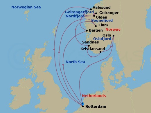 14 Night - Unesco World Heritage Fjords : Flam & Geirangerfjord - Rotterdam - Starting in Rotterdam, the Netherlands, Scenic cruising Oslofjord, Oslo, Norway, Kristiansand, Norway, Sandnes (Stavanger), Norway, Scenic cruising Sognefjord, Flam, Norway, Rotterdam, the Netherlands, Alesund, Norway, Olden, Norway, Scenic Cruising Nordfjord, Geiranger, Norway, Cruising Geirangerfjord, Bergen, Norway, Rotterdam, the Netherlands itinerary map