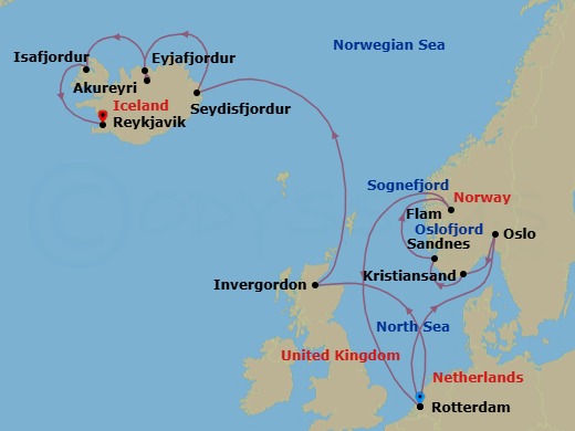 14 Night - Unesco World Heritage Fjords : Viking & Celtic Origins - Rotterdam - Starting in Rotterdam, the Netherlands, Scenic cruising Oslofjord, Oslo, Norway, Kristiansand, Norway, Sandnes (Stavanger), Norway, Scenic cruising Sognefjord, Flam, Norway, Rotterdam, the Netherlands, Invergordon (Inverness), Scotland, United Kingdom, Seydisfjordur, Iceland, Scenic cruising Seydisfjordur, Akureyri, Iceland, Scenic cruising Eyjafjordur, Isafjordur, Iceland, Scenic Cruising Isafjardurdjur, Reykjavik, Iceland itinerary map