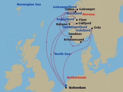 14 Night - Unesco World Heritage Fjords : Flam & Geirangerfjord - Rotterdam - Starting in Rotterdam, the Netherlands, Scenic cruising Oslofjord, Oslo, Norway, Kristiansand, Norway, Sandnes (Stavanger), Norway, Scenic cruising Sognefjord, Flam, Norway, Rotterdam, the Netherlands, Eidfjord, Norway, Scenic cruising Hardangerfjord, Olden, Norway, Scenic Cruising Nordfjord, Geiranger, Norway, Cruising Geirangerfjord, Bergen, Norway, Rotterdam, the Netherlands itinerary map