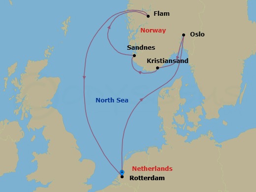 7 Night - Unesco World Heritage Fjords of Norway - Rotterdam - Starting in Rotterdam, the Netherlands, Scenic cruising Oslofjord, Oslo, Norway, Kristiansand, Norway, Sandnes (Stavanger), Norway, Scenic cruising Sognefjord, Flam, Norway, Rotterdam, the Netherlands itinerary map