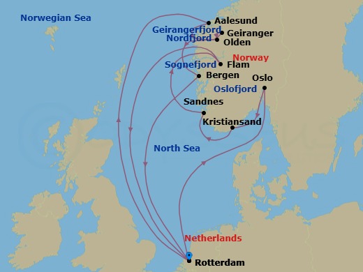 14 Night - Unesco World Heritage Fjords : Geirangerfjord & Flam - Rotterdam - Starting in Rotterdam, the Netherlands, Alesund, Norway, Olden, Norway, Scenic Cruising Nordfjord, Geiranger, Norway, Cruising Geirangerfjord, Bergen, Norway, Rotterdam, the Netherlands, Scenic cruising Oslofjord, Oslo, Norway, Kristiansand, Norway, Sandnes (Stavanger), Norway, Scenic cruising Sognefjord, Flam, Norway, Rotterdam, the Netherlands itinerary map