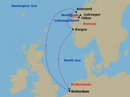 7 Night - Unesco World Heritage Fjords of Norway - Rotterdam - Starting in Rotterdam, the Netherlands, Alesund, Norway, Olden, Norway, Scenic Cruising Nordfjord, Geiranger, Norway, Cruising Geirangerfjord, Bergen, Norway, Rotterdam, the Netherlands itinerary map