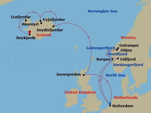 14 Night - Unesco World Heritage Fjords : Viking & Celtic Origins - Rotterdam - Starting in Rotterdam, the Netherlands, Eidfjord, Norway, Scenic cruising Hardangerfjord, Olden, Norway, Scenic Cruising Nordfjord, Geiranger, Norway, Cruising Geirangerfjord, Bergen, Norway, Rotterdam, the Netherlands, Invergordon (Inverness), Scotland, United Kingdom, Seydisfjordur, Iceland, Scenic cruising Seydisfjordur, Akureyri, Iceland, Scenic cruising Eyjafjordur, Isafjordur, Iceland, Scenic Cruising Isafjardurdjur, Reykjavik, Iceland itinerary map