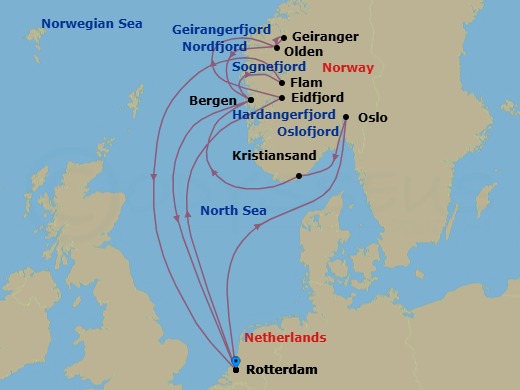14 Night - Unesco World Heritage Fjords : Flam & Geirangerfjord - Rotterdam - Starting in Rotterdam, the Netherlands, Eidfjord, Norway, Scenic cruising Hardangerfjord, Olden, Norway, Scenic Cruising Nordfjord, Geiranger, Norway, Cruising Geirangerfjord, Bergen, Norway, Rotterdam, the Netherlands, Scenic cruising Oslofjord, Oslo, Norway, Kristiansand, Norway, Bergen, Norway, Scenic cruising Sognefjord, Flam, Norway, Rotterdam, the Netherlands itinerary map