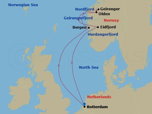 7 Night - Unesco World Heritage Fjords of Norway - Rotterdam - Starting in Rotterdam, the Netherlands, Eidfjord, Norway, Scenic cruising Hardangerfjord, Olden, Norway, Scenic Cruising Nordfjord, Geiranger, Norway, Cruising Geirangerfjord, Bergen, Norway, Rotterdam, the Netherlands itinerary map