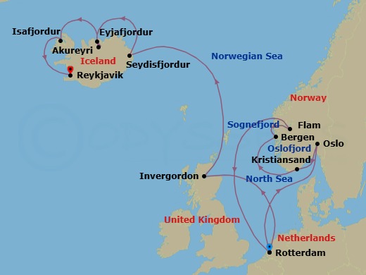 14 Night - Unesco World Heritage Fjords : Viking & Celtic Origins - Rotterdam - Starting in Rotterdam, the Netherlands, Scenic cruising Oslofjord, Oslo, Norway, Kristiansand, Norway, Bergen, Norway, Scenic cruising Sognefjord, Flam, Norway, Rotterdam, the Netherlands, Invergordon (Inverness), Scotland, United Kingdom, Seydisfjordur, Iceland, Scenic cruising Seydisfjordur, Akureyri, Iceland, Scenic cruising Eyjafjordur, Isafjordur, Iceland, Scenic Cruising Isafjardurdjur, Reykjavik, Iceland itinerary map