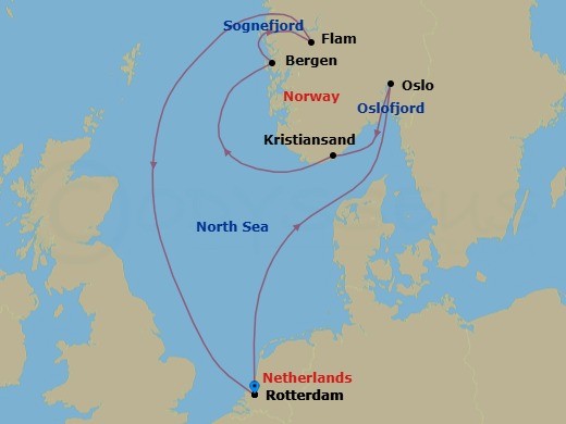 7 Night - Unesco World Heritage Fjords of Norway - Rotterdam - Starting in Rotterdam, the Netherlands, Scenic cruising Oslofjord, Oslo, Norway, Kristiansand, Norway, Bergen, Norway, Scenic cruising Sognefjord, Flam, Norway, Rotterdam, the Netherlands itinerary map