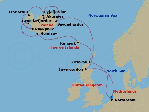 14 Night - Icelandic Fjords, Scottish Highlands & Viking Trails - Rotterdam - Starting in Rotterdam, the Netherlands, Invergordon (Inverness), Scotland, United Kingdom, Seydisfjordur, Iceland, Scenic cruising Seydisfjordur, Akureyri, Iceland, Scenic cruising Eyjafjordur, Isafjordur, Iceland, Scenic Cruising Isafjardurdjur, Reykjavik, Iceland, Grundarfjordur, Iceland, Heimaey, Westman Islands, Iceland, Runavik, Faroe Islands, Kirkwall, Scotland, United Kingdom, Rotterdam, the Netherlands itinerary map