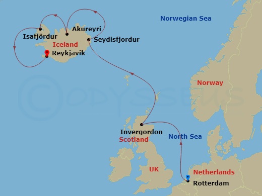 7 Night - Icelandic Fjords & Scottish Highlands - Rotterdam - Starting in Rotterdam, the Netherlands, Invergordon (Inverness), Scotland, United Kingdom, Seydisfjordur, Iceland, Scenic cruising Seydisfjordur, Akureyri, Iceland, Scenic cruising Eyjafjordur, Isafjordur, Iceland, Scenic Cruising Isafjardurdjur, Reykjavik, Iceland itinerary map