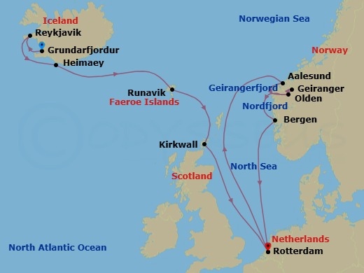 14 Night - Viking & Celtic Origins : Unesco World Heritage Fjords - Rotterdam - Starting in Reykjavik, Iceland, Grundarfjordur, Iceland, Heimaey, Westman Islands, Iceland, Runavik, Faroe Islands, Kirkwall, Scotland, United Kingdom, Rotterdam, the Netherlands, Alesund, Norway, Olden, Norway, Scenic Cruising Nordfjord, Geiranger, Norway, Cruising Geirangerfjord, Bergen, Norway, Rotterdam, the Netherlands itinerary map