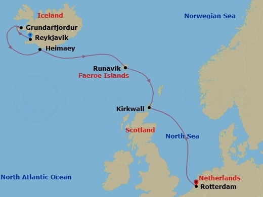 7 Night - Viking Trails & Celtic Origins - Rotterdam - Starting in Reykjavik, Iceland, Grundarfjordur, Iceland, Heimaey, Westman Islands, Iceland, Runavik, Faroe Islands, Kirkwall, Scotland, United Kingdom, Rotterdam, the Netherlands itinerary map