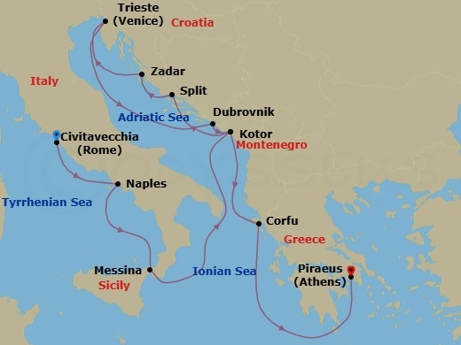 14 Night - Around Italy's Boot : Croatia & Venice Overnight - Rotterdam - Starting in Civitavecchia (Rome), Italy, Naples (Pompeii / Amalfi), Italy, Messina, Italy, Kotor, Montenegro, Split, Croatia, Zadar, Croatia, Trieste (Venice), Italy, Dubrovnik, Croatia, Kotor, Montenegro, Kerkira, (Corfu), Greece, Piraeus (Athens), Greece itinerary map