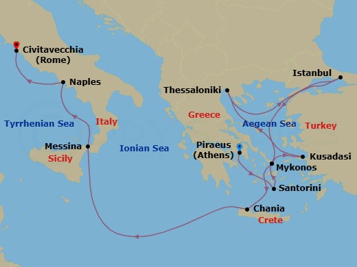 14 Night - Greek Isles with Istanbul, Sicily & Naples - Rotterdam - Starting in Piraeus (Athens), Greece, Thira (Santorini), Greece, Mykonos, Greece, Kusadasi (Ephesus), Turkey, Thessaloniki, Greece, Istanbul, Turkey, Mykonos, Greece, Souda (Chania), Greece, Messina, Italy, Cruising Strait of Messina, Evening cruising Stromboli Volcano, Naples (Pompeii / Amalfi), Italy, Civitavecchia (Rome), Italy itinerary map