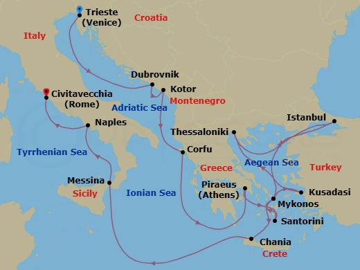 21 Night - Around Italy's Boot : Greek Isles & Venice Overnight - Rotterdam - Starting in Trieste (Venice), Italy, Dubrovnik, Croatia, Kotor, Montenegro, Kerkira, (Corfu), Greece, Piraeus (Athens), Greece, Thira (Santorini), Greece, Mykonos, Greece, Kusadasi (Ephesus), Turkey, Thessaloniki, Greece, Istanbul, Turkey, Mykonos, Greece, Souda (Chania), Greece, Messina, Italy, Cruising Strait of Messina, Evening cruising Stromboli Volcano, Naples (Pompeii / Amalfi), Italy, Civitavecchia (Rome), Italy itinerary map