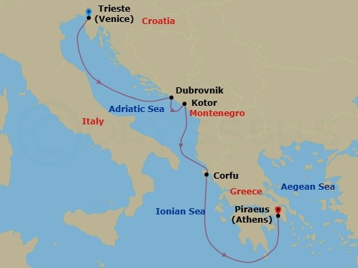 7 Night - Adriatic Antiquities : Dubrovnik & Venice Overnight - Rotterdam - Starting in Trieste (Venice), Italy, Dubrovnik, Croatia, Kotor, Montenegro, Kerkira, (Corfu), Greece, Piraeus (Athens), Greece itinerary map