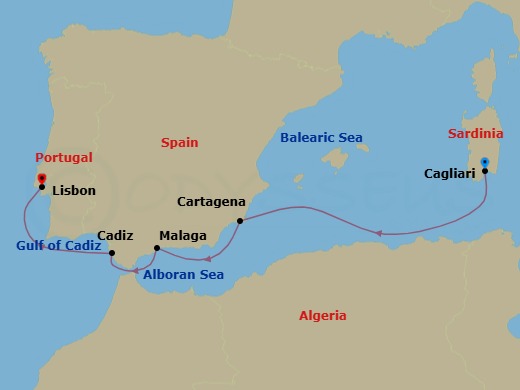7 Night - Cagliari to Lisbon - Silver Dawn - Starting in Cagliari (Sardinia), Cartagena ES, Spain, Malaga (Costa del Sol), Cadiz, Lisbon itinerary map