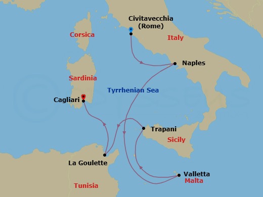 7 Night - Civitavecchia to Cagliari - Silver Dawn - Starting in Civitavecchia (Rome), Naples, Valletta, Trapani, Sicily, Tunis (La Goulette), Cagliari (Sardinia) itinerary map
