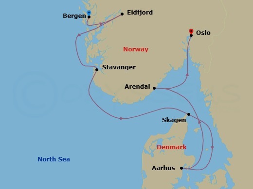 7 Night - Nordic Wonders - Viking Saturn - Starting in Bergen, Eidfjord, Stavanger, Skagen, Aarhus, Arendal, Oslo itinerary map