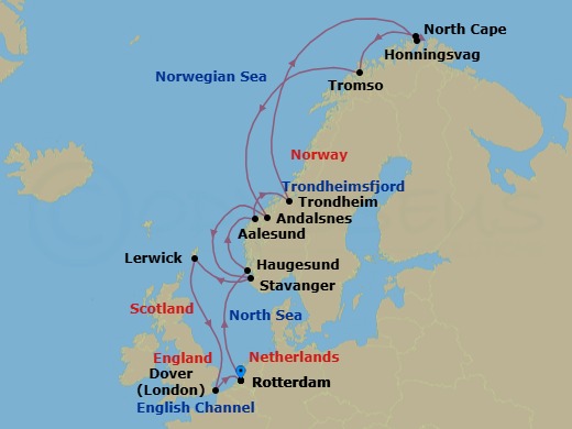 14 Night - Arctic Circle Crossing : North Cape Solstice - Nieuw Statendam - Starting in Rotterdam, the Netherlands, Haugesund, Norway, Alesund, Norway, Trondheim, Norway, Scenic Cruising Trondheimsfjord, Honningsvag, Norway, Scenic Cruising North Cape, Tromso, Norway, Andalsnes, Norway, Stavanger, Norway, Lerwick, Shetland Islands, United Kingdom, Dover UK (London), England, Rotterdam, the Netherlands itinerary map