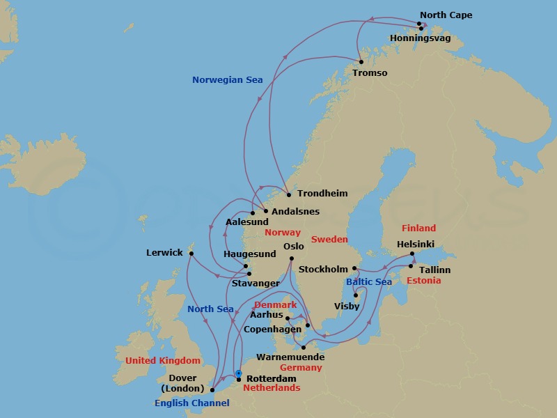 28 Night - Arctic Circle with Baltic & Scandinavian Capitals - Nieuw Statendam - Starting in Rotterdam, the Netherlands, Haugesund, Norway, Alesund, Norway, Trondheim, Norway, Scenic Cruising Trondheimsfjord, Honningsvag, Norway, Scenic Cruising North Cape, Tromso, Norway, Andalsnes, Norway, Stavanger, Norway, Lerwick, Shetland Islands, United Kingdom, Dover UK (London), England, Rotterdam, the Netherlands, Copenhagen, Denmark, Aarhus, Denmark, Warnemunde (Berlin), Germany, Tallinn, Estonia, Helsinki, Finland, Stockholm, Sweden, Visby, Gotland, Sweden, Oslo, Norway, Scenic cruising Oslofjord, Dover UK (London), England, Rotterdam, the Netherlands itinerary map