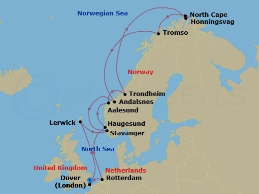 14 Night - Arctic Circle Crossing : North Cape Solstice - Nieuw Statendam - Starting in Dover UK (London), England, Rotterdam, the Netherlands, Haugesund, Norway, Alesund, Norway, Trondheim, Norway, Scenic Cruising Trondheimsfjord, Honningsvag, Norway, Scenic Cruising North Cape, Tromso, Norway, Andalsnes, Norway, Stavanger, Norway, Lerwick, Shetland Islands, United Kingdom, Dover UK (London), England itinerary map