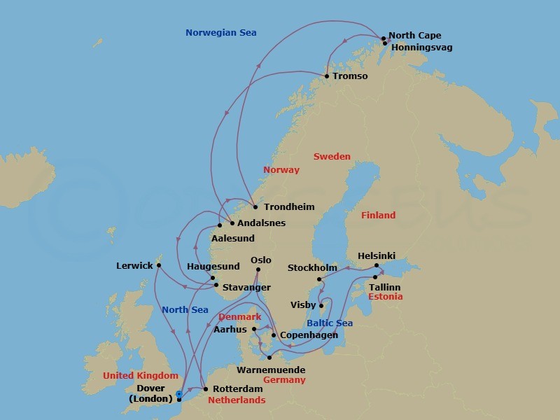 28 Night - Arctic Circle with Baltic & Scandinavian Capitals - Nieuw Statendam - Starting in Dover UK (London), England, Rotterdam, the Netherlands, Haugesund, Norway, Alesund, Norway, Trondheim, Norway, Scenic Cruising Trondheimsfjord, Honningsvag, Norway, Scenic Cruising North Cape, Tromso, Norway, Andalsnes, Norway, Stavanger, Norway, Lerwick, Shetland Islands, United Kingdom, Dover UK (London), England, Rotterdam, the Netherlands, Copenhagen, Denmark, Aarhus, Denmark, Warnemunde (Berlin), Germany, Tallinn, Estonia, Helsinki, Finland, Stockholm, Sweden, Visby, Gotland, Sweden, Oslo, Norway, Scenic cruising Oslofjord, Dover UK (London), England itinerary map