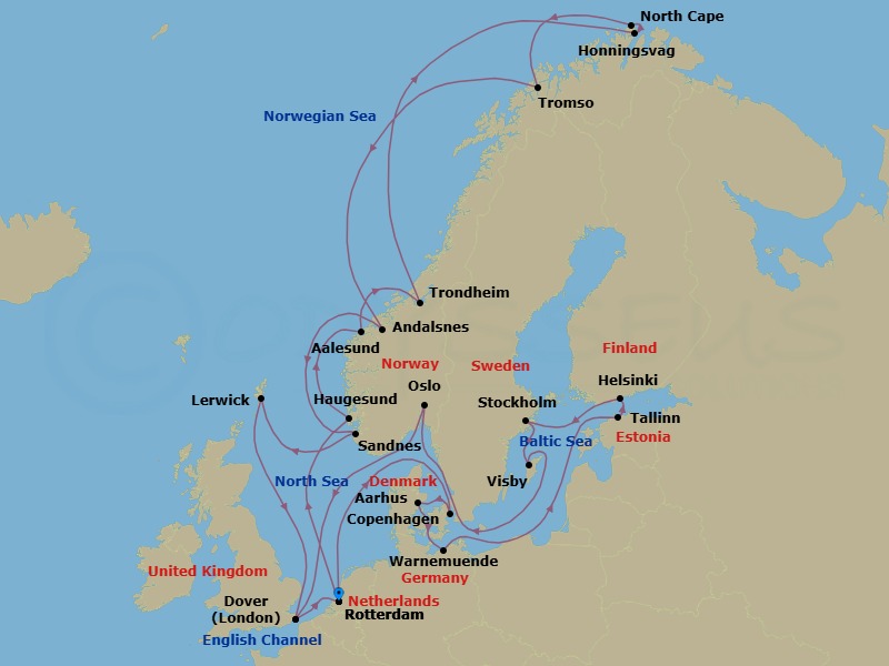 28 Night - Baltic & Scandinavian Capitals with Arctic Circle - Nieuw Statendam - Starting in Rotterdam, the Netherlands, Copenhagen, Denmark, Aarhus, Denmark, Warnemunde (Berlin), Germany, Tallinn, Estonia, Helsinki, Finland, Stockholm, Sweden, Visby, Gotland, Sweden, Oslo, Norway, Scenic cruising Oslofjord, Dover UK (London), England, Rotterdam, the Netherlands, Haugesund, Norway, Alesund, Norway, Trondheim, Norway, Scenic Cruising Trondheimsfjord, Honningsvag, Norway, Scenic Cruising North Cape, Tromso, Norway, Andalsnes, Norway, Sandnes (Stavanger), Norway, Lerwick, Shetland Islands, United Kingdom, Dover UK (London), England, Rotterdam, the Netherlands itinerary map