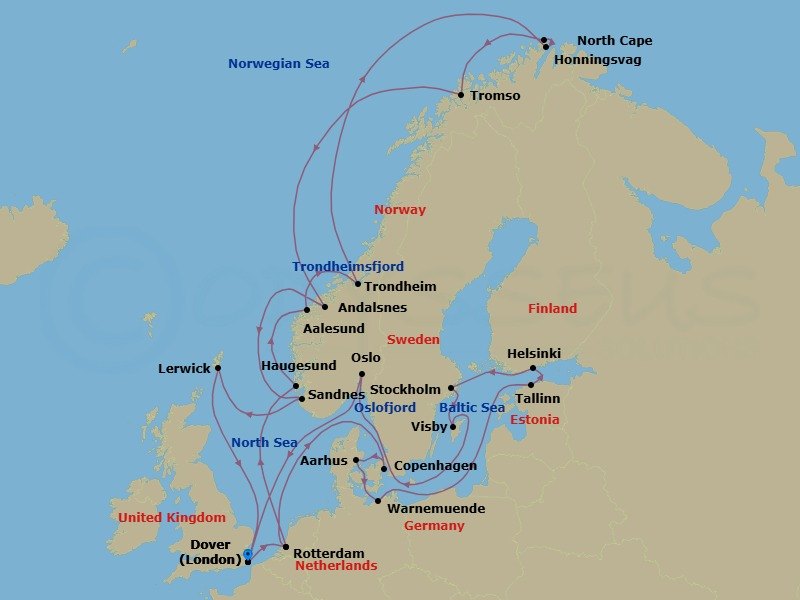 28 Night - Baltic & Scandinavian Capitals with Arctic Circle - Nieuw Statendam - Starting in Dover UK (London), England, Rotterdam, the Netherlands, Copenhagen, Denmark, Aarhus, Denmark, Warnemunde (Berlin), Germany, Tallinn, Estonia, Helsinki, Finland, Stockholm, Sweden, Visby, Gotland, Sweden, Oslo, Norway, Scenic cruising Oslofjord, Dover UK (London), England, Rotterdam, the Netherlands, Haugesund, Norway, Alesund, Norway, Trondheim, Norway, Scenic Cruising Trondheimsfjord, Honningsvag, Norway, Scenic Cruising North Cape, Tromso, Norway, Andalsnes, Norway, Sandnes (Stavanger), Norway, Lerwick, Shetland Islands, United Kingdom, Dover UK (London), England itinerary map