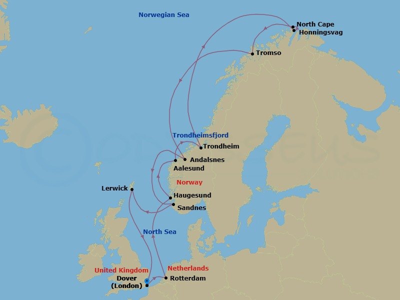 14 Night - Arctic Circle Crossing & North Cape - Nieuw Statendam - Starting in Dover UK (London), England, Rotterdam, the Netherlands, Haugesund, Norway, Alesund, Norway, Trondheim, Norway, Scenic Cruising Trondheimsfjord, Honningsvag, Norway, Scenic Cruising North Cape, Tromso, Norway, Andalsnes, Norway, Sandnes (Stavanger), Norway, Lerwick, Shetland Islands, United Kingdom, Dover UK (London), England itinerary map