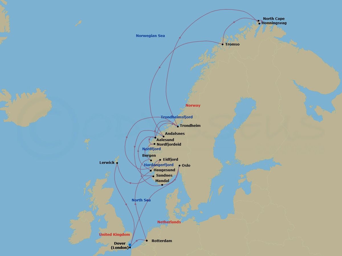 28 Night - Arctic Circle & Norwegian Fjords with Scenic Cruising - Nieuw Statendam - Starting in Dover UK (London), England, Rotterdam, the Netherlands, Haugesund, Norway, Alesund, Norway, Trondheim, Norway, Scenic Cruising Trondheimsfjord, Honningsvag, Norway, Scenic Cruising North Cape, Tromso, Norway, Andalsnes, Norway, Sandnes (Stavanger), Norway, Lerwick, Shetland Islands, United Kingdom, Dover UK (London), England, Rotterdam, the Netherlands, Haugesund, Norway, Eidfjord, Norway, Scenic cruising Hardangerfjord, Trondheim, Norway, Alesund, Norway, Nordfjordeid, Norway, Scenic Cruising Nordfjord, Bergen, Norway, Mandal (Kristiansand), Norway, Oslo, Norway, Scenic cruising Oslofjord, Dover UK (London), England itinerary map