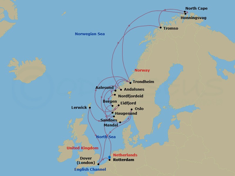 28 Night - Arctic Circle & Norwegian Fjords with Scenic Cruising - Nieuw Statendam - Starting in Rotterdam, the Netherlands, Haugesund, Norway, Alesund, Norway, Trondheim, Norway, Scenic Cruising Trondheimsfjord, Honningsvag, Norway, Scenic Cruising North Cape, Tromso, Norway, Andalsnes, Norway, Sandnes (Stavanger), Norway, Lerwick, Shetland Islands, United Kingdom, Dover UK (London), England, Rotterdam, the Netherlands, Haugesund, Norway, Eidfjord, Norway, Scenic cruising Hardangerfjord, Trondheim, Norway, Alesund, Norway, Nordfjordeid, Norway, Scenic Cruising Nordfjord, Bergen, Norway, Mandal (Kristiansand), Norway, Oslo, Norway, Scenic cruising Oslofjord, Dover UK (London), England, Rotterdam, the Netherlands itinerary map
