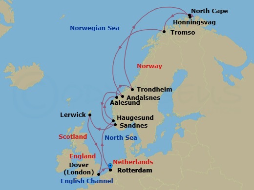 14 Night - Arctic Circle Crossing & North Cape - Nieuw Statendam - Starting in Rotterdam, the Netherlands, Haugesund, Norway, Alesund, Norway, Trondheim, Norway, Scenic Cruising Trondheimsfjord, Honningsvag, Norway, Scenic Cruising North Cape, Tromso, Norway, Andalsnes, Norway, Sandnes (Stavanger), Norway, Lerwick, Shetland Islands, United Kingdom, Dover UK (London), England, Rotterdam, the Netherlands itinerary map