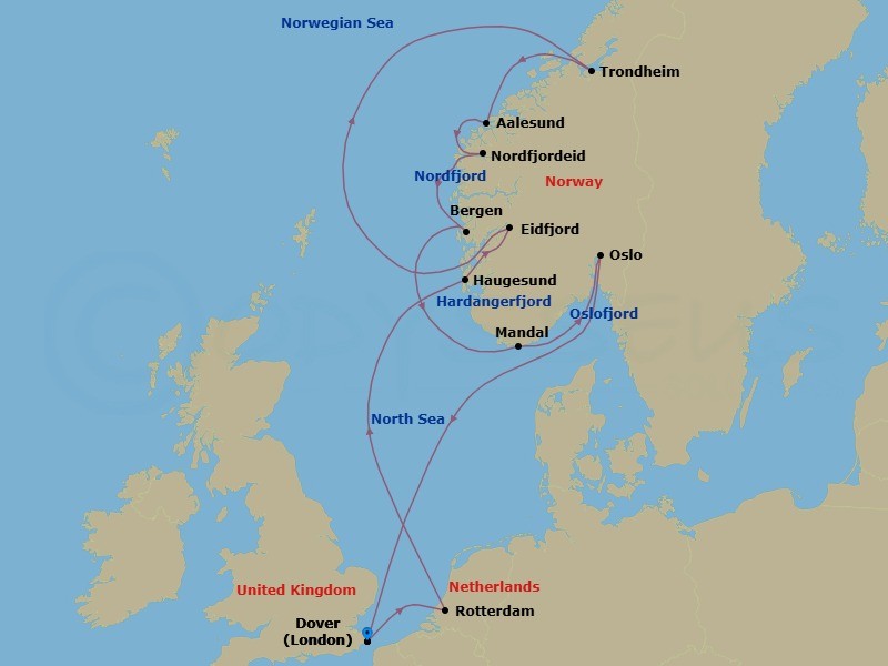14 Night - Fjords of Norway : Spectacular Scenic Cruising - Nieuw Statendam - Starting in Dover UK (London), England, Rotterdam, the Netherlands, Haugesund, Norway, Eidfjord, Norway, Scenic cruising Hardangerfjord, Trondheim, Norway, Alesund, Norway, Nordfjordeid, Norway, Scenic Cruising Nordfjord, Bergen, Norway, Mandal (Kristiansand), Norway, Oslo, Norway, Scenic cruising Oslofjord, Dover UK (London), England itinerary map