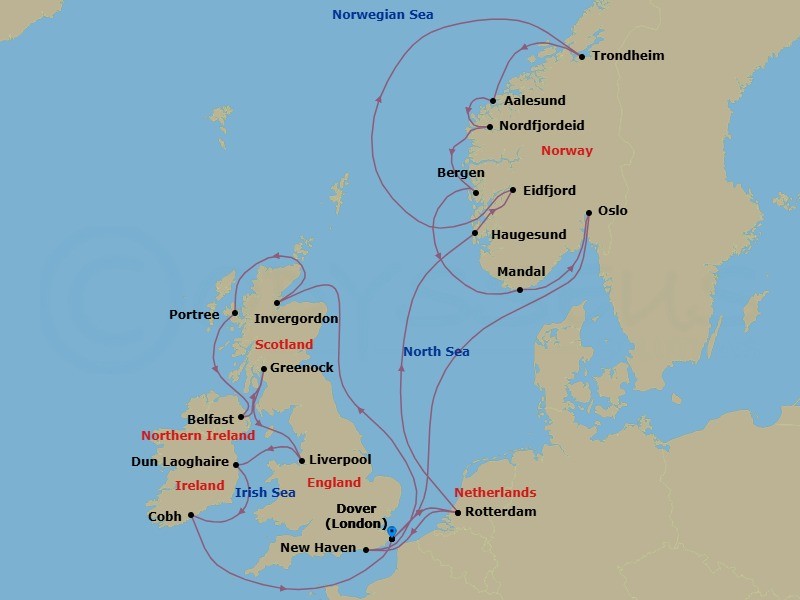 28 Night - Norwegian Fjords & British Isles : Edinburgh Overnight - Nieuw Statendam - Starting in Dover UK (London), England, Rotterdam, the Netherlands, Haugesund, Norway, Eidfjord, Norway, Scenic cruising Hardangerfjord, Trondheim, Norway, Alesund, Norway, Nordfjordeid, Norway, Scenic Cruising Nordfjord, Bergen, Norway, Mandal (Kristiansand), Norway, Oslo, Norway, Scenic cruising Oslofjord, Dover UK (London), England, Rotterdam, the Netherlands, Newhaven (Edinburgh), United Kingdom, Invergordon (Inverness), Scotland, United Kingdom, Portree (Isle of Skye), Scotland, United Kingdom, Belfast, Northern Ireland, United Kingdom, Greenock (Glasgow), Scotland, United Kingdom, Liverpool, England, United Kingdom, Dun Laoghaire (Dublin), Ireland, Cobh (Cork), Ireland, Dover UK (London), England itinerary map