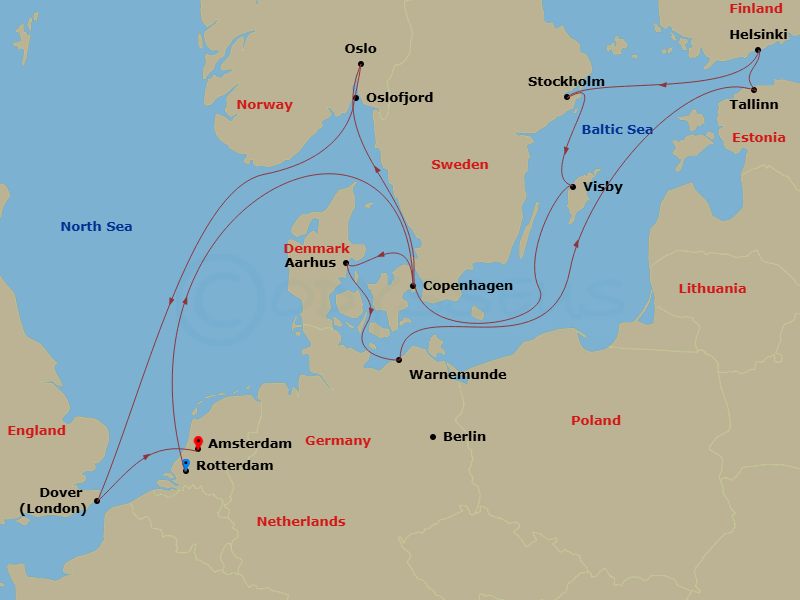 14 Night - Baltic & Scandinavian Capitals - Nieuw Statendam - Starting in Rotterdam, the Netherlands, Copenhagen, Denmark, Aarhus, Denmark, Warnemunde (Berlin), Germany, Tallinn, Estonia, Helsinki, Finland, Stockholm, Sweden, Visby, Gotland, Sweden, Oslo, Norway, Scenic cruising Oslofjord, Dover UK (London), England, Amsterdam, the Netherlands itinerary map