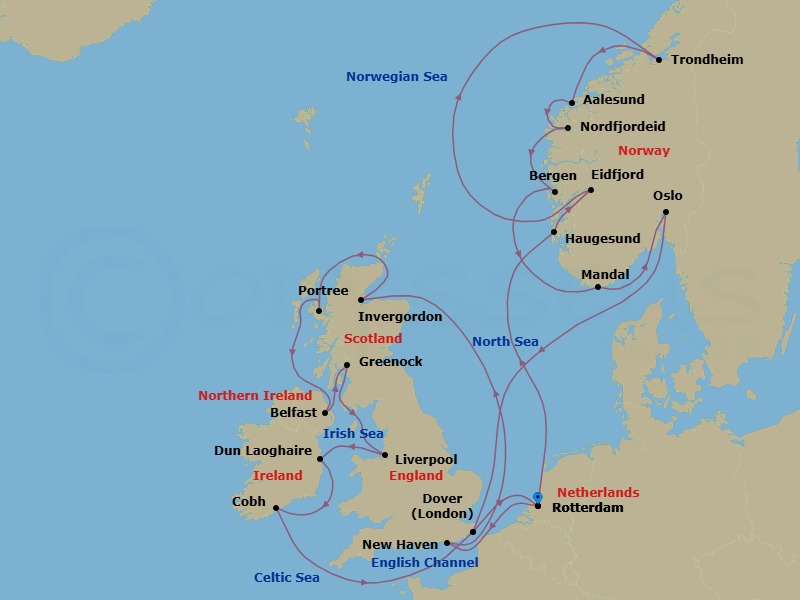 28 Night - Norwegian Fjords & British Isles : Edinburgh Overnight - Nieuw Statendam - Starting in Rotterdam, the Netherlands, Haugesund, Norway, Eidfjord, Norway, Scenic cruising Hardangerfjord, Trondheim, Norway, Alesund, Norway, Nordfjordeid, Norway, Scenic Cruising Nordfjord, Bergen, Norway, Mandal (Kristiansand), Norway, Oslo, Norway, Scenic cruising Oslofjord, Dover UK (London), England, Rotterdam, the Netherlands, Newhaven (Edinburgh), United Kingdom, Invergordon (Inverness), Scotland, United Kingdom, Portree (Isle of Skye), Scotland, United Kingdom, Belfast, Northern Ireland, United Kingdom, Greenock (Glasgow), Scotland, United Kingdom, Liverpool, England, United Kingdom, Dun Laoghaire (Dublin), Ireland, Cobh (Cork), Ireland, Dover UK (London), England, Rotterdam, the Netherlands itinerary map