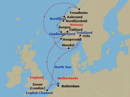 14 Night - Fjords of Norway : Spectacular Scenic Cruising - Nieuw Statendam - Starting in Rotterdam, the Netherlands, Haugesund, Norway, Eidfjord, Norway, Scenic cruising Hardangerfjord, Trondheim, Norway, Alesund, Norway, Nordfjordeid, Norway, Scenic Cruising Nordfjord, Bergen, Norway, Mandal (Kristiansand), Norway, Oslo, Norway, Scenic cruising Oslofjord, Dover UK (London), England, Rotterdam, the Netherlands itinerary map