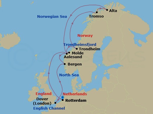 14 Night - Arctic Journey & Northern Lights - Nieuw Statendam - Starting in Rotterdam, the Netherlands, Alesund, Norway, Trondheim, Norway, Scenic Cruising Trondheimsfjord, Crossing the Arctic Circle, Tromso, Norway, Alta, Norway, Crossing the Arctic Circle, Molde, Norway, Bergen, Norway, Dover UK (London), England, Rotterdam, the Netherlands itinerary map